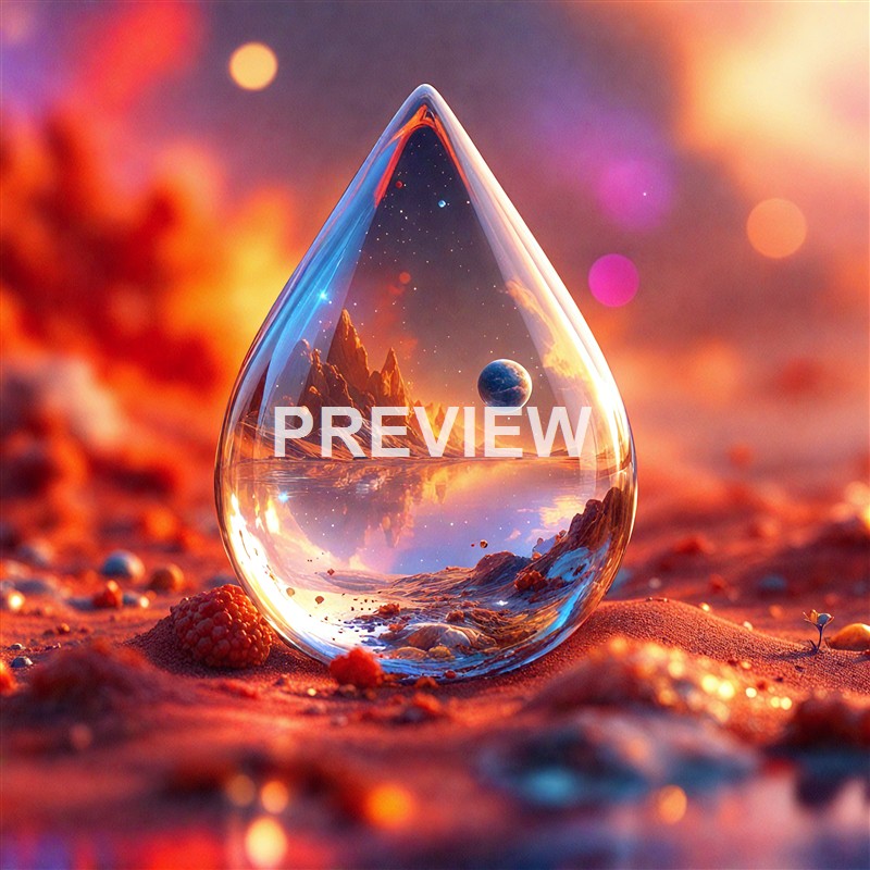 A surreal scene of a glass teardrop-shaped container reflecting a miniature landscape with mountains, water, and planets, set against a colorful, dreamy background.